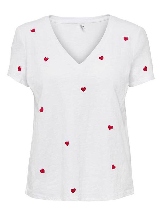 Only Women's Summer Blouse Cotton Short Sleeve with V Neck White