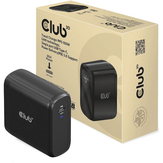 Club3D Φορτιστής Χωρίς Καλώδιο GaN με Θύρα USB-C 100W Power Delivery Μαύρος (CAC-1908)