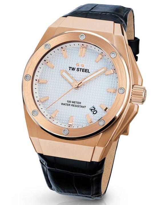 TW Steel Ανδρικό Ρολόι 44mm Μπαταρίας με Μαύρο Δερμάτινο Λουράκι