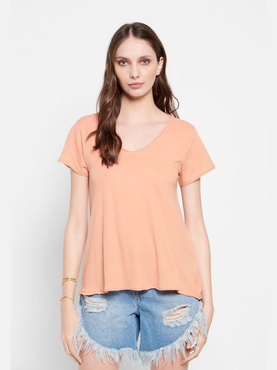 Funky Buddha Γυναικείο T-shirt με V Λαιμόκοψη Apricot