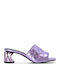 Δερμάτινα Mules με Χοντρό Χαμηλό Τακούνι Metallic Lila Textured