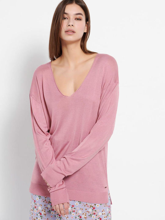 Funky Buddha Women's Long Sleeve Pullover Cotton with V Neck Vintage Pink