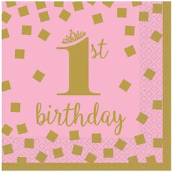 Party Napkins 1st Birthday Pink 16pcs