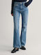 High Waist Women's Jean Trousers Flared Semi Light Indigo Worn In