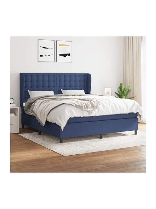 Bed Queen Upholstered with Fabric Blue with Sla...