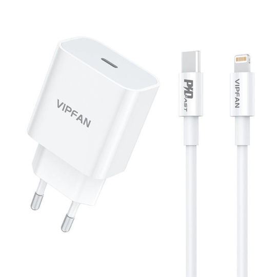 Vipfan Încărcător cu Port USB-C și Cablu USB-C - Lightning 20W Quick Charge 3.0 Albς (E04 Cable White)