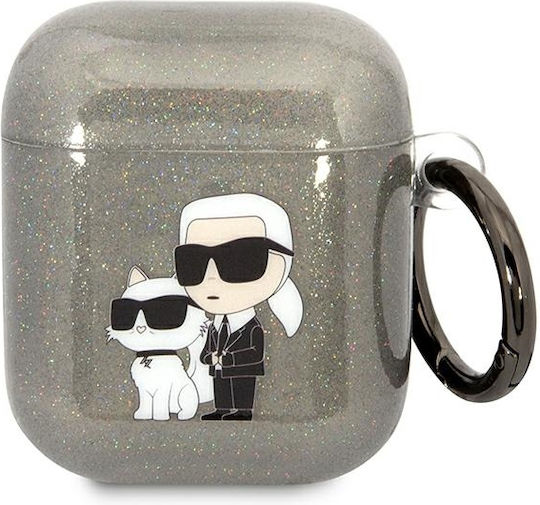 Karl Lagerfeld Glitter Karl & Choupette Калъф с кука Black за Apple AirPods 1 / AirPods 2