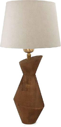 Inart Wood Vintage Table Lamp with Beige Shade and Brown Base