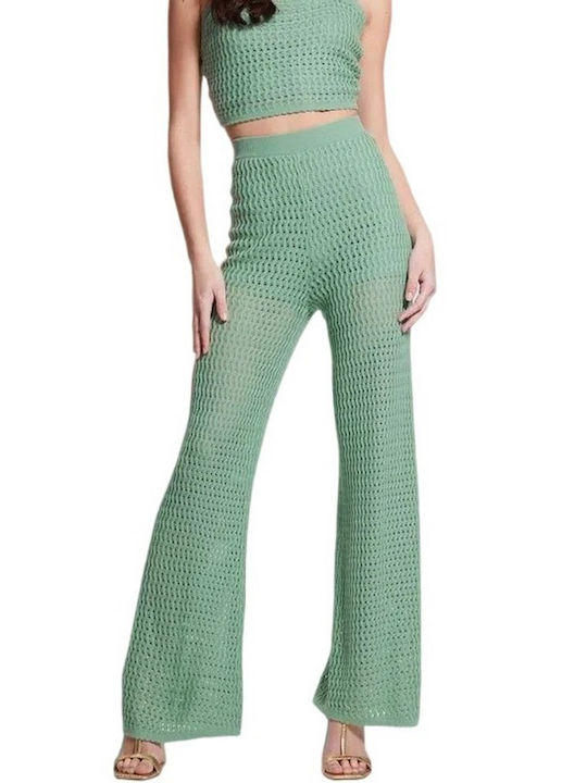 Guess Γυναικεία Ψηλόμεση Υφασμάτινη Παντελόνα με Λάστιχο σε Wide Γραμμή σε Πράσινο Χρώμα