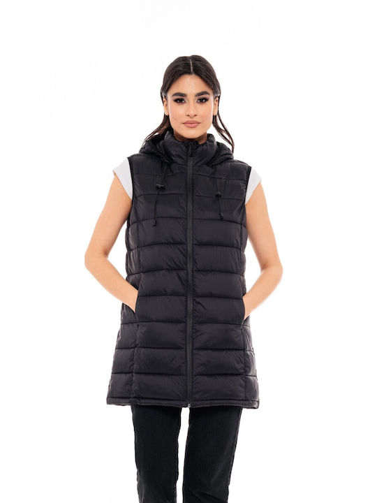 Biston -6 Women's Long Puffer Jacket for Winter with Hood Black