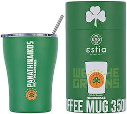 Estia Coffee Mug Panathinaikos B.C. Glas Thermosflasche Rostfreier Stahl BPA-frei Grün 350ml mit Stroh