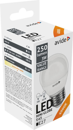 Avide ABBMG27NW-3W LED-Lampe 3W für Fassung E27 und Form G45 Naturweiß 250lm
