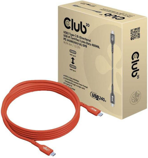 Club3D USB 2.0 Cable USB-C male - USB-C 240W PD Κόκκινο 4m CAC-1515