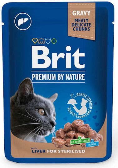 Brit Premium Sterilisierte Nasse Katzenfutter für Erwachsene Katzen in Beutel mit Leber ohne Gluten 100gr