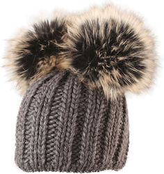 Starling Teddy Pom Pom Beanie Γυναικείος Σκούφος με Rib Πλέξη σε Γκρι χρώμα