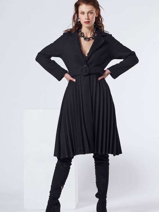 Enter Fashion Γυναικείο Μαύρο Παλτό με Ζώνη