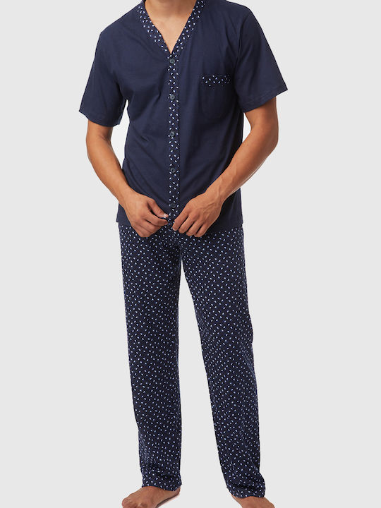 Minerva Men's Summer Cotton Pajamas Set Navy Blue