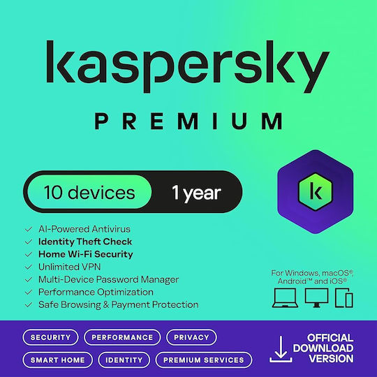 Kaspersky Premium for 10 Devices and 1 Year of Use (Electronic License)