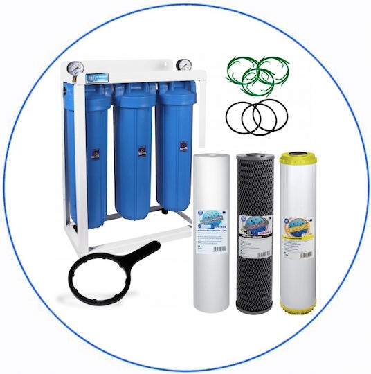 Aqua Filter 3-Stage Central Supply Water Filter System BBPSCSTCBLS20 with Manometer , 1'' Inlet/Outlet, with 20" Big-Blue Replacement Filter Aqua Filter FCPS Polypropylene 5μm, Aqua Filter FCCST Water Softening & Aqua Filter FCCBL-S Carbon