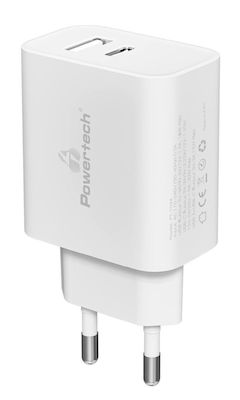 Powertech Charger Without Cable with USB-A Port and USB-C Port 30W Power Delivery / Quick Charge 3.0 Whites (PT-1044)