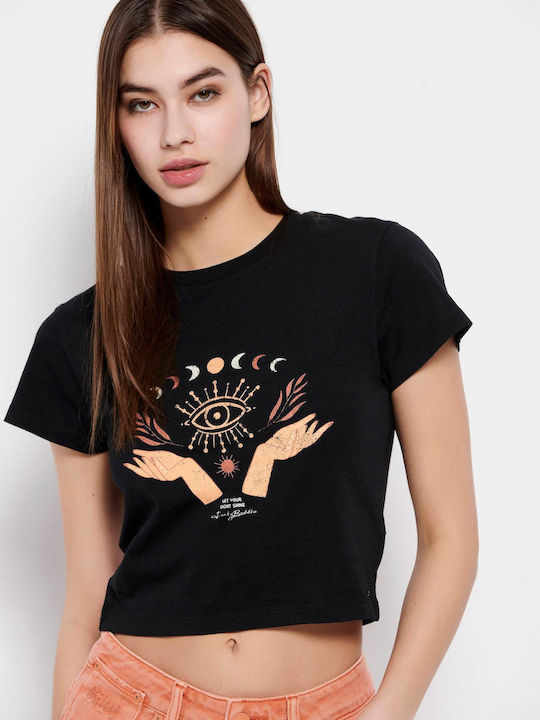 Funky Buddha Damen Sportliches Crop Top Kurzärmelig Schwarz