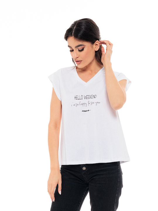 Splendid Damen T-shirt mit V-Ausschnitt Weiß