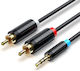 Vention Vention 3.5mm Jack Cable - 2x RCA Male Black 8m with Gold Plated Terminals