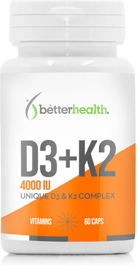 Better Health D3+K2 Vitamine für die Stärkung des Immunsystems und die Gesundheit der Knochen 4000 IE 60 Kapseln