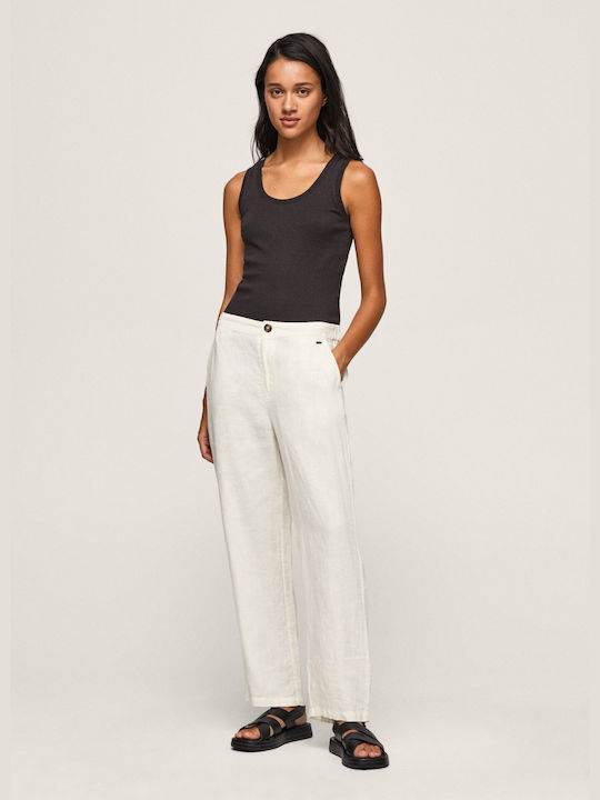 Pepe Jeans Cailin Women's High Waist Linen Trousers White