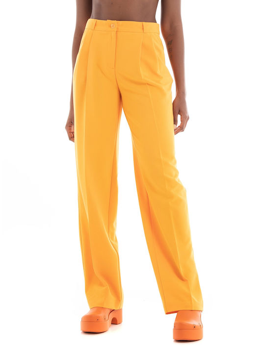 Only Women's High Waist Fabric Trousers in Wide Line Orange