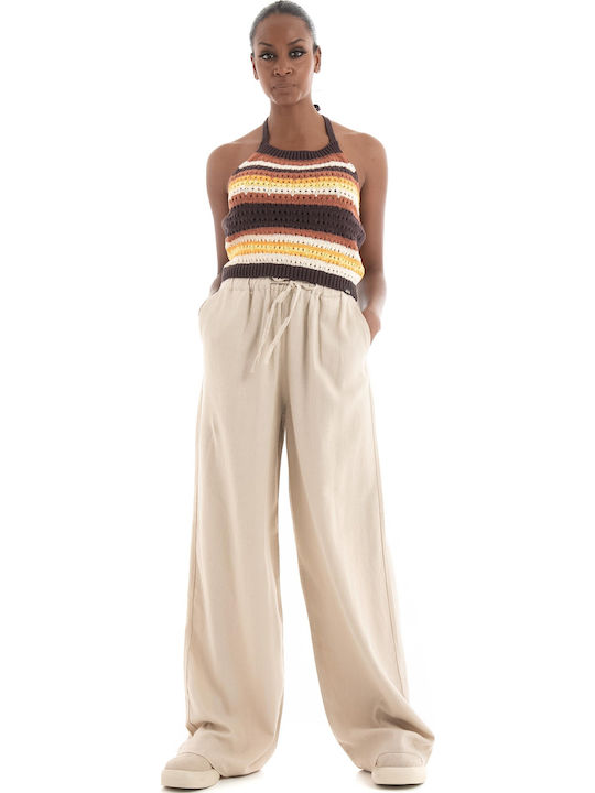 Damen Leinen Hose in Weiter Linie Ecru