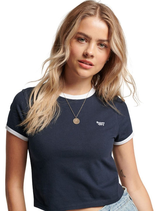 Superdry Ovin Vintage pentru Femei de Vară Crop Top cu Mâneci Scurte Albastru marin