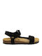 Leather Women's Flat Sandals with Strap in Black Color
