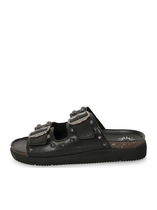Leather Women's Flat Sandals in Black Color