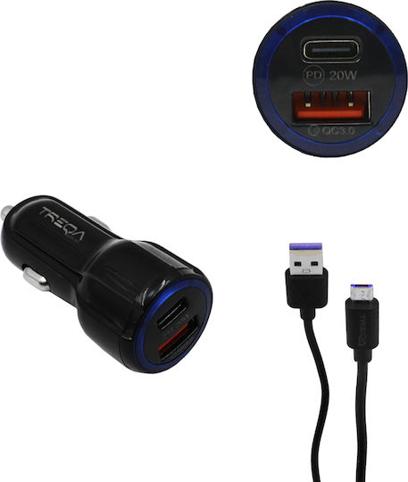 Treqa Car Charger 20W 3.1A Fast Charging with Ports: 2xUSB with Cable Micro-USB Black Color