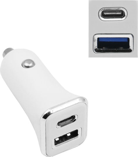 Treqa Handy-Autoladegerät 38W 3A Schnellladen mit Anschlüssen: 1xUSB 1xType-C zusammen mit Kabeltyp Type-C Weiß Farbe