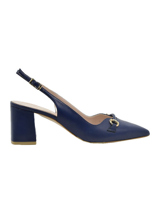 Fardoulis Leather Pointed Toe Navy Blue Heels with Strap X