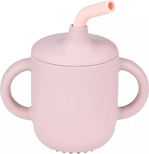 Nattou Kleinkinderbecher mit Griffen und Strohhalm aus Silikon Rosa für 6m+m+