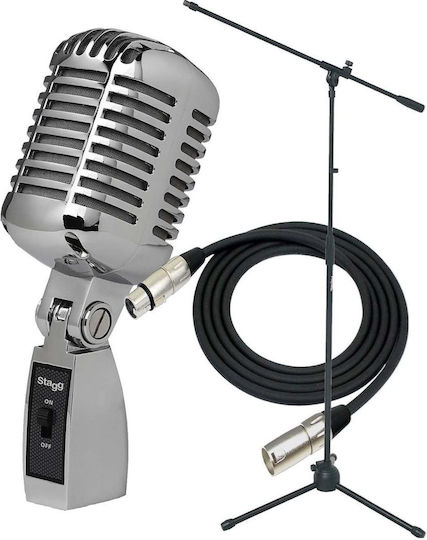 Stagg SDM100 CR с основа Δυναμικό Микрофон XLR Шоково монтиран за Вокали в Сребрист Цвят