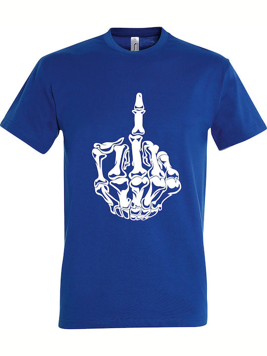 T-shirt Unisex " Skeleton Hands Middle Finger Fuck " Royal Blue