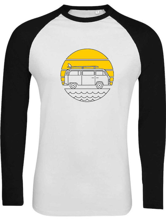 Long Sleeve Two-Tone Unisex "Ride The Surf Van VW Van" White/Black