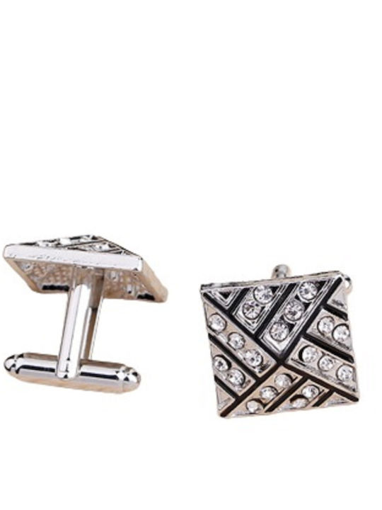 Cufflinks with rhinestones, in silver and black color, brass alloy.