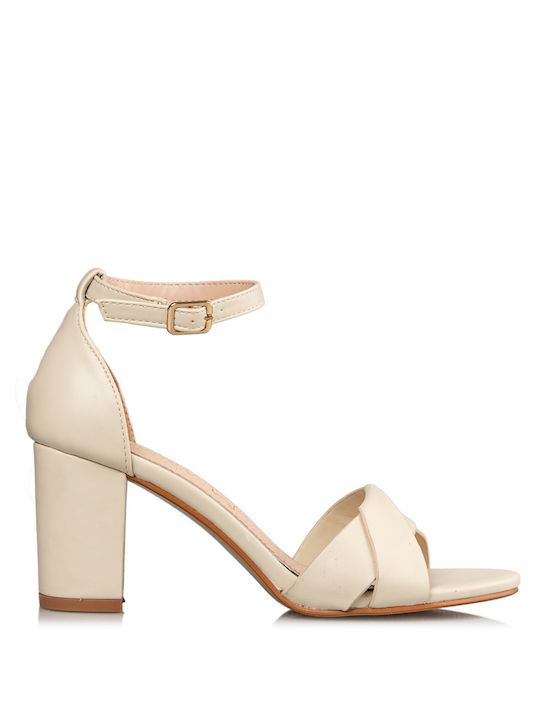 Envie Shoes Women's Sandals with Ankle Strap Beige with Chunky Medium Heel