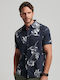 Superdry Hawaiian Hibiscus Herrenhemd Kurzärmelig Baumwolle Blumen Marineblau