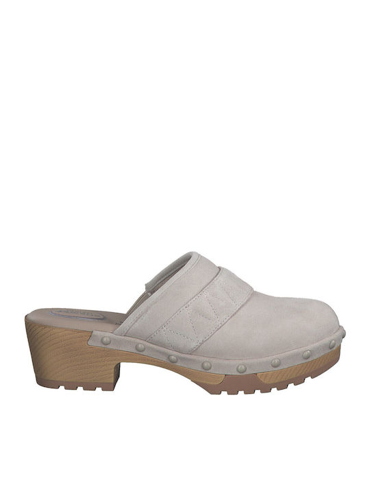 Tamaris Δερμάτινα Mules με Χοντρό Χαμηλό Τακούνι σε Μπεζ Χρώμα