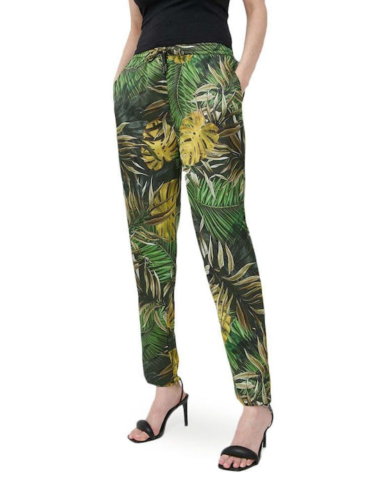 Guess W3GB13WD8G2 Pantaloni de damă Satin Pantaloni cu elastic cu croială lejeră Floral Verde