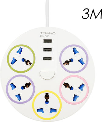 Treqa -3M 5-Outlet Power Strip with USB and Surge Protection 3m White 101416