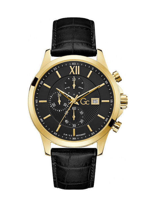 GC Watches Ανδρικό Ρολόι 44mm Χρονογράφος Μπαταρίας με Μαύρο Δερμάτινο Λουράκι