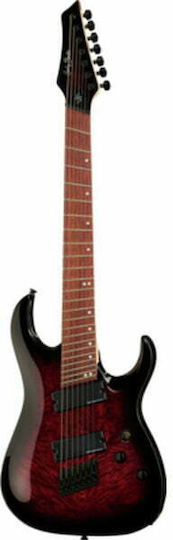 Harley Benton Multiscale 7 Tpb Red Electric Guitar 7 Strings ST Style with HH Pickups Arrangement Trans Red Burl High Gloss