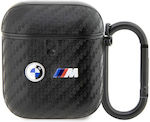 BMW Carbon Double Metal Logo Husă Silicon cu cârlig în culoarea Negru pentru Apple AirPods 1 / AirPods 2